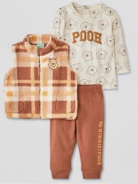 Baby Boys’ 3 piece Disney Winnie The Pooh Long Sleeve Shirt with Vest  Set 0-3M